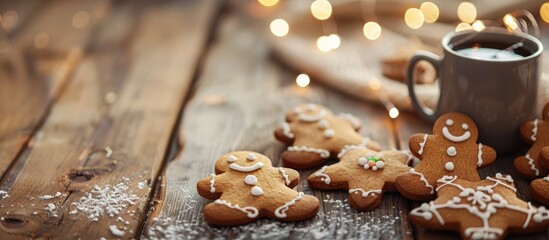 Fototapete - A Christmas-themed copy space image featuring gingerbread cookies with a mug on a wooden backdrop.