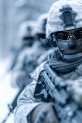 A group of soldiers in full gear, standing together with their weapons at the ready