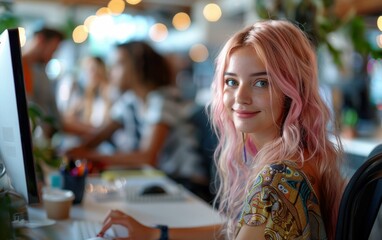 Wall Mural - A woman with pink hair is sitting at a desk in front of a computer. She is smiling and she is happy