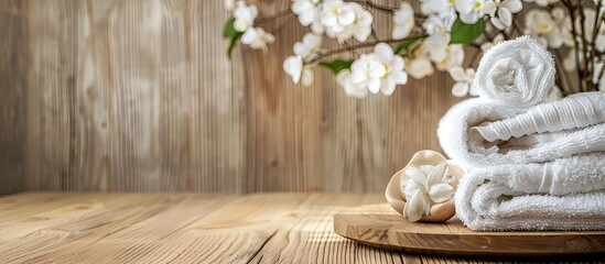 Sticker - Spa towels elegantly displayed on a wooden surface with inviting copy space image.