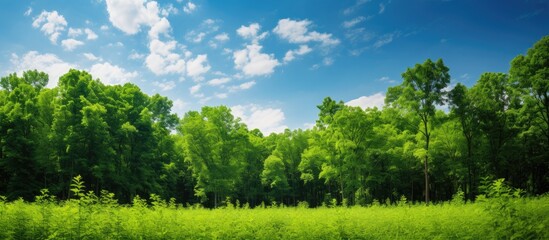 Aufkleber - A verdant forest with lush green leaves against a backdrop of a clear blue sky, creating a vibrant summer scene with ample copy space image.