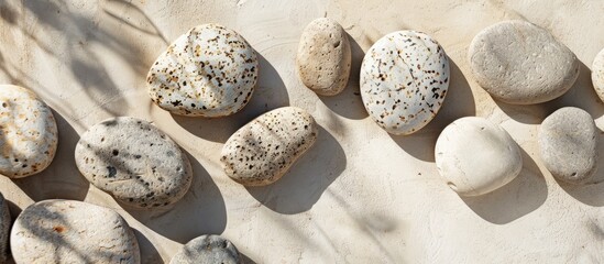 Poster - Granite stones arranged on a beige surface with shadows, suitable for copy space image.