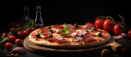 Canvas Print - There are pizza options with Italian or French origins, offering a variation of toppings like sausage, meat, cheese, and tomatoes, ideal for a copy space image.