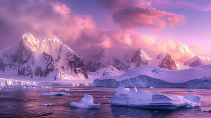 Canvas Print - Pink Sunset Over Snowy Mountains and Icebergs