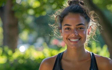 Wall Mural - A woman with a ponytail is smiling and looking at the camera. She is wearing a black tank top and is standing in a park