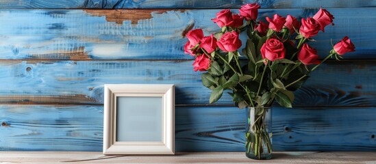 Aufkleber - Wooden table featuring a bouquet of rose flowers and a photo frame, ideal for occasions like anniversaries, Mother's Day, or Women's Day. Perfect for a copy space image.