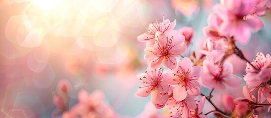 Poster - Pink flowers on a sunny spring day with a blurred background create an appealing copy space image.