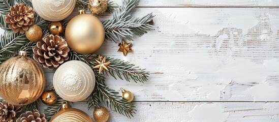 Poster - Copy space image featuring a festive arrangement of golden Christmas ornaments, cedar, and pine cones on a white wooden table.