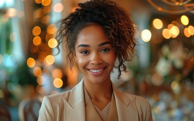 Wall Mural - A woman with curly hair is smiling and wearing a tan jacket. She is standing in front of a table with a vase on it