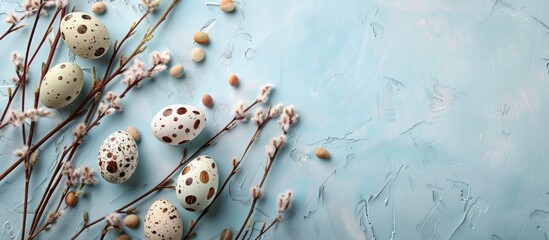 Fototapete - Flatlay with Easter decorative eggs and branches on a soft blue pastel backdrop featuring a craft quail egg design. Festive spring holiday card with ample copy space image.