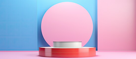 Aufkleber - Front view of a podium display with a pink and blue background, featuring copy space image.