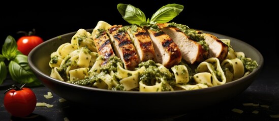 Poster - Grilled chicken pasta with basil pesto, having a fresh and appetizing appearance, will make for an ideal copy space image.