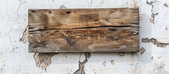 Aufkleber - Wooden sign board on white concrete wall with visible cracks, with space for adding text or images.