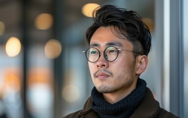 Wall Mural - A man with glasses and a beard is standing in front of a window. He looks serious and focused