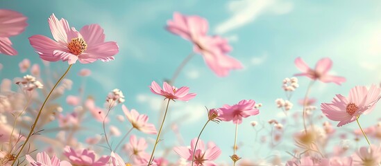 Poster - Pink cosmos flowers against sky with copy space image.