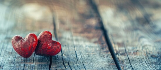 Wall Mural - Valentine's Day-themed rustic setting with two red hearts placed on a wooden table, creating a romantic ambiance with a background perfect for copy space image.