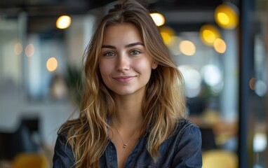 Wall Mural - A woman with long brown hair and a necklace is smiling for the camera. Scene is happy and friendly