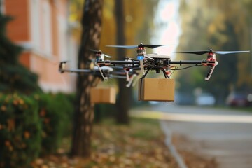 An aerial shot of a drone flying over a residential home, AI-controlled drones delivering packages for online shopping, AI generated