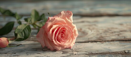 Wall Mural - Pink rose flower displayed on a wooden backdrop with copy space image.