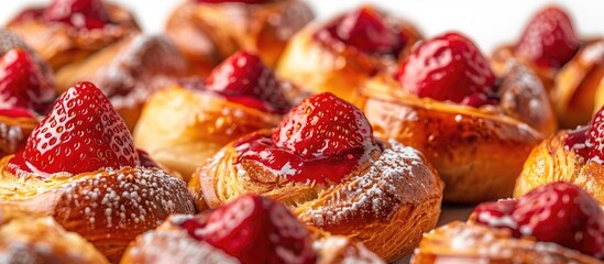 Poster - Strawberry bread rolls arranged in a heap with a white backdrop providing space for images.