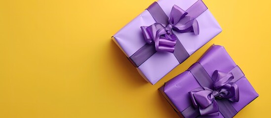 Poster - Two beautifully wrapped gift boxes, featuring violet bows, set against a vibrant yellow backdrop, ideal for showcasing in a copy space image.
