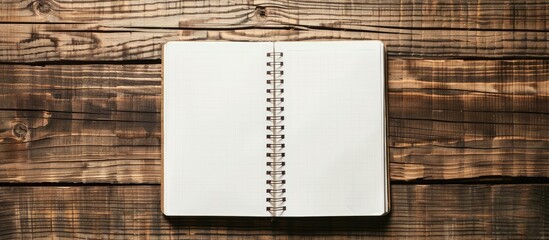 Poster - Wooden table displaying a notepad with empty white pages, offering ample copy space image.