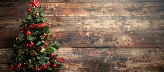 Wall Mural - Decorated Christmas tree displayed on a wooden board with copy space image.