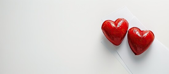 Poster - A backdrop featuring two red hearts on white paper with ample copy space image.