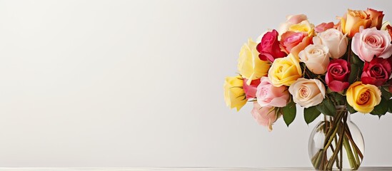 Wall Mural - Floral arrangement of roses in a vase on a white table with a clear background, ideal for a copy space image.