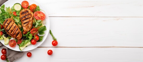 Poster - A healthy lunch option displayed on a white table featuring a banner and copy space image with a salad made of roasted chicken fillet, lettuce, arugula, and tomatoes.