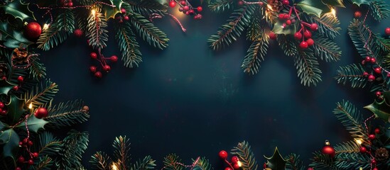 Poster - A bright Christmas garland set against a dark backdrop with copy space for a festive Christmas and New Year's background, perfect for a holiday card.