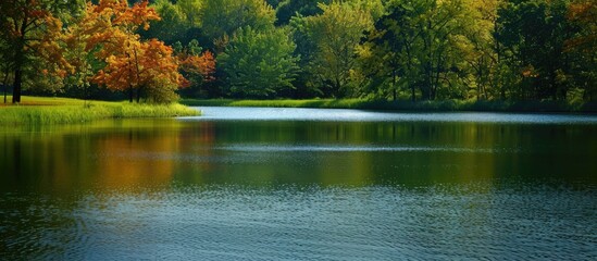 Poster - A serene body of water in the suburban area provides a picturesque setting with ample copy space image.