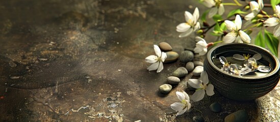 Sticker - Asian alternative medicine is depicted in a serene spa setting featuring flowers, pebbles, and a tranquil space with room for text or graphics.