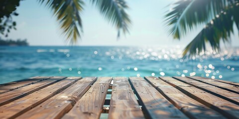 Wall Mural - Wooden pier with beautiful coconut or palm leaves stretches and views of the vast blue sea during the day