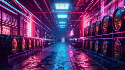 Inside an industrial warehouse, whiskey barrels are lit up with glowing neon lights.