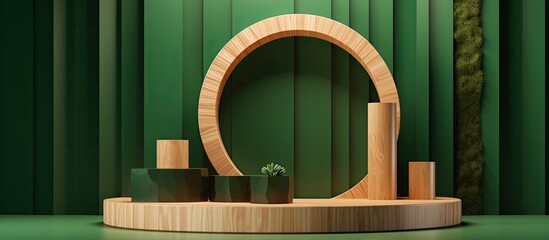 Leinwandbilder - Circular wooden saw-cut cylinder shape on a green abstract backdrop with a minimalist box and geometric podium, creating a scene with various geometrical forms, ideal for showcasing eco cosmetic
