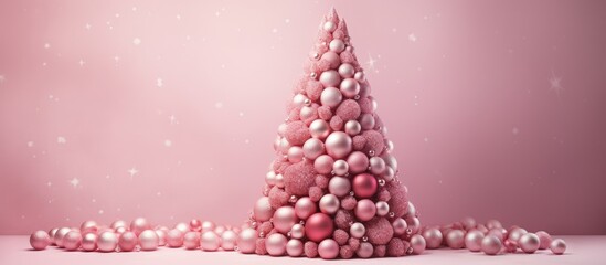 Poster - Pink Christmas tree made of balls on a pink table with a festive background, offering a New Year sale card with a top view and copy space image.