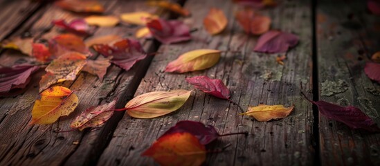 Leinwandbilder - An autumn-themed scene featuring colorful leaves scattered across a vintage wooden table with ample copy space image.