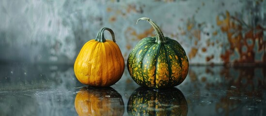 Poster - Two squash displayed on a granite surface with a reflection, offering a visually appealing copy space image.