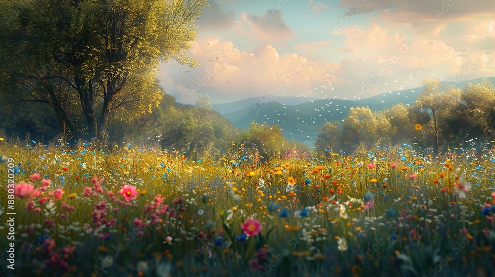 Spring meadow field with blooming wildflowers with green trees and soft ...