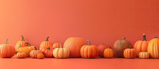 Poster - An orange background with various sizes of pumpkins. Copy space image available.
