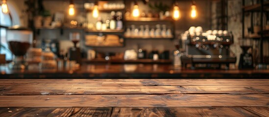 Fototapete - Create a product display montage using an empty brown wooden table as the focal point with a blurred coffee shop background featuring bokeh, perfect for adding copy space image.