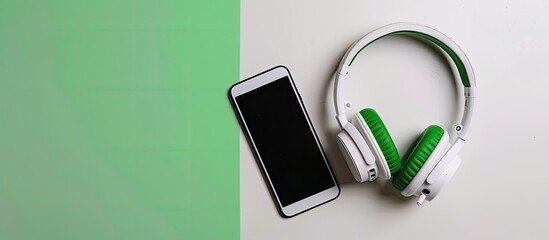 Aufkleber - White wireless headphones and a smartphone with a green screen, providing copy space image, isolated against a white backdrop.