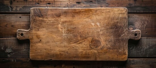 Sticker - A vintage cutting board arranged from above, displaying a top view, against a weathered dark wooden table, providing ample copy space for text or food.