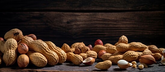 Poster - Scattered raw peanuts on dark rustic backdrop create a textured food background, suitable for incorporating a copy space image.