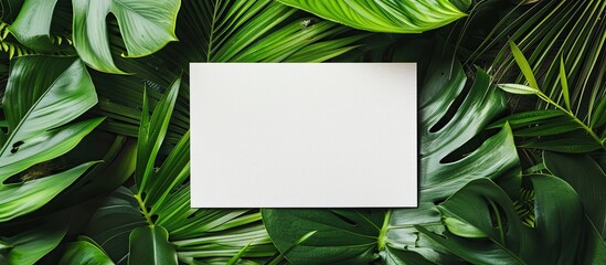 Aufkleber - Top-down view of a blank card placed on palm leaves for a design mock-up with copy space image.