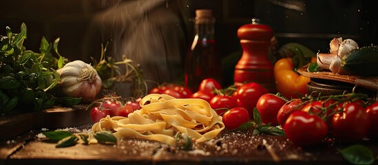 Sticker - Italian cuisine showcased with vegetables and pasta against a dark backdrop, inviting with a copy space image.