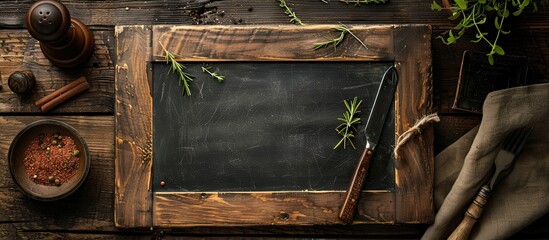 Poster - Rustic setup featuring a blank blackboard with space for text in a top-down view for placing your message or design in the image.