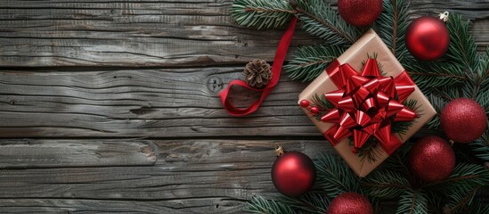 Aufkleber - A festive arrangement of coniferous branches, gift box, ornaments, and a red bow on a wooden background with copy space image.