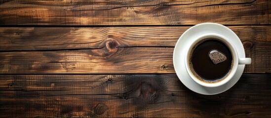 Aufkleber - Top view of a cup of coffee on a wooden table with copy space image.